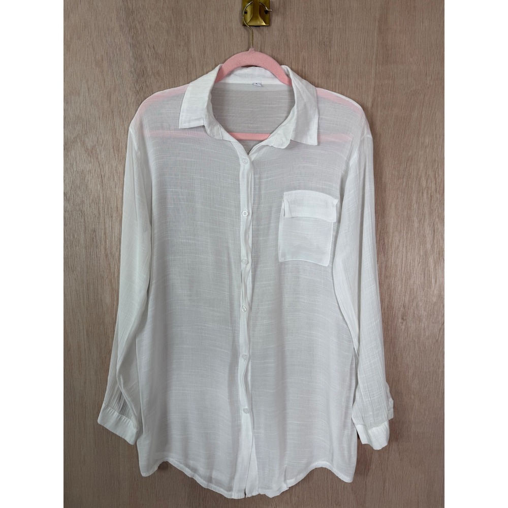 Womens Sheer White Button Down Long Sleeve Shirt Chest Pocket Size L